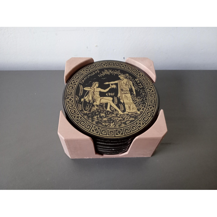 Set van 6 onderzetters met houder Grieks design zwart goud