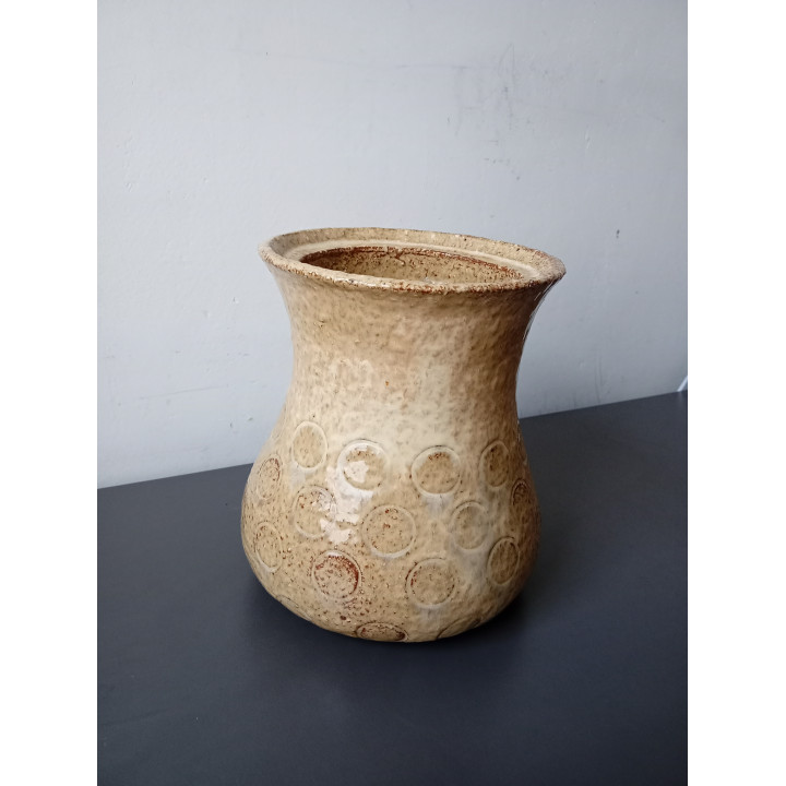 Vintage keramieken vaas beige met reliëf cirkels