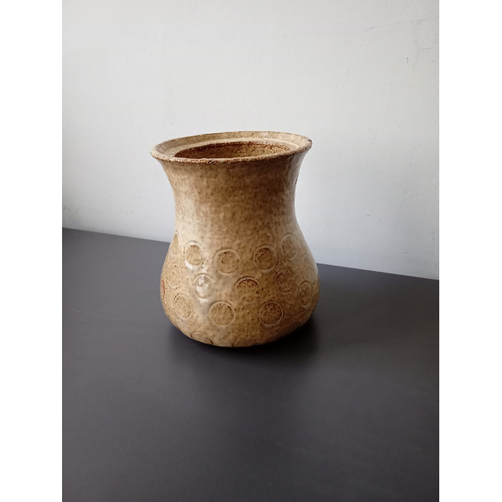 Vintage keramieken vaas beige met reliëf cirkels