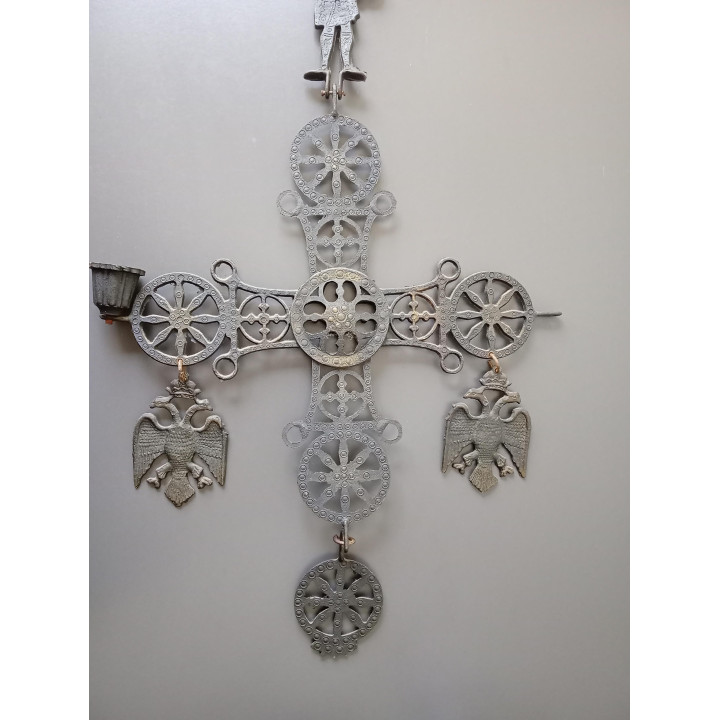 Byzantijns kruis wandhanger met kaarshouder metaal groot