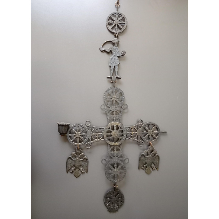 Byzantijns kruis wandhanger met kaarshouder metaal groot