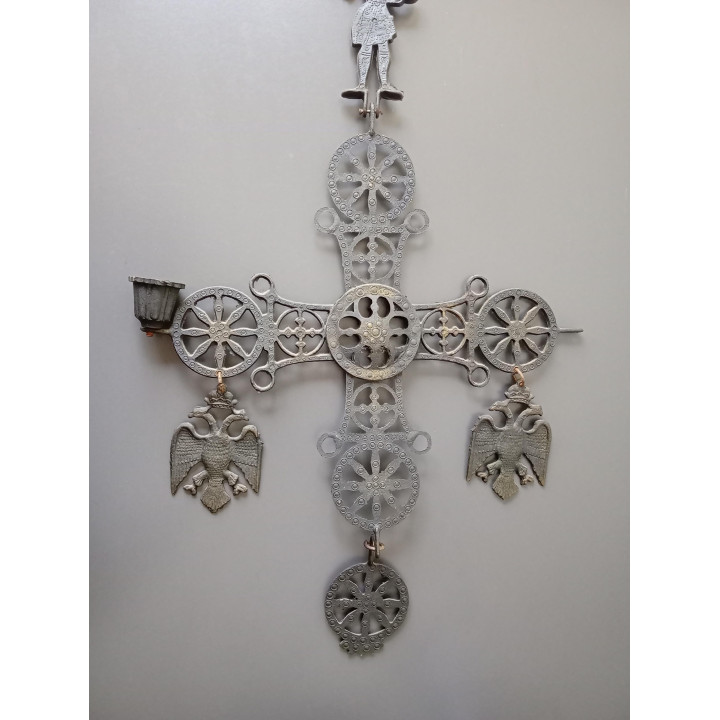Byzantijns kruis wandhanger met kaarshouder metaal groot