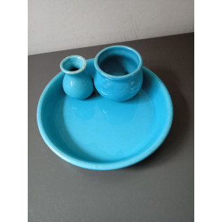 Turquoise Keramische Schaal met Twee Vaasjes