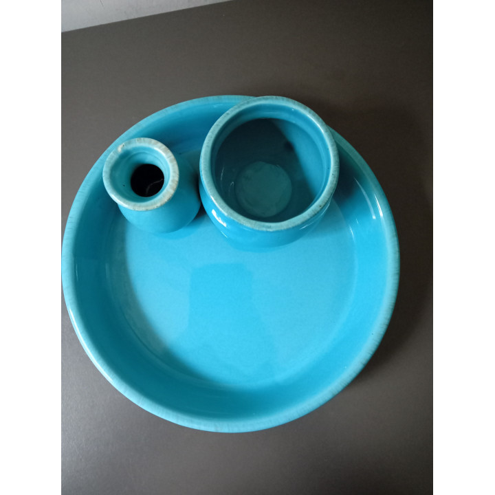 Turquoise Keramische Schaal met Twee Vaasjes