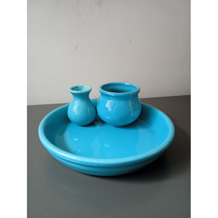 Turquoise Keramische Schaal met Twee Vaasjes