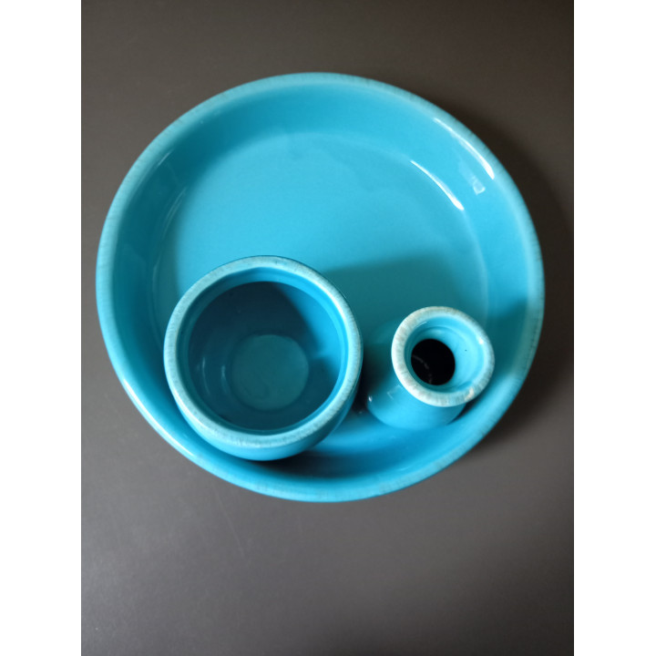 Turquoise Keramische Schaal met Twee Vaasjes