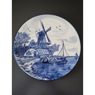 Vintage Delfts Blauw Sierbord Molen en Zeilboot 26 cm
