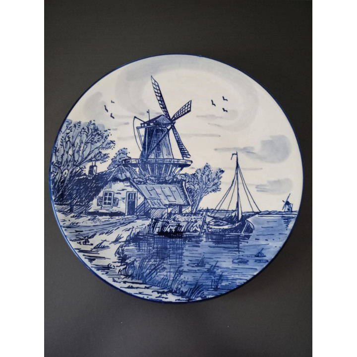 Vintage Delfts Blauw Sierbord Molen en Zeilboot 26 cm