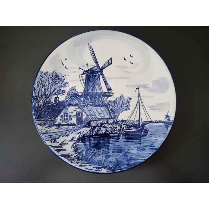 Vintage Delfts Blauw Sierbord Molen en Zeilboot 26 cm