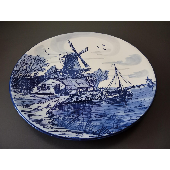 Vintage Delfts Blauw Sierbord Molen en Zeilboot 26 cm