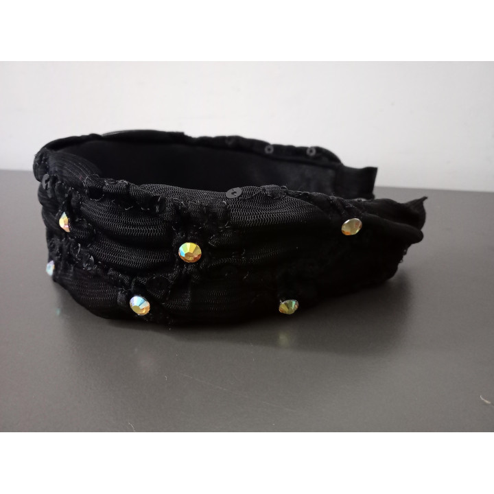 Zwarte brede haarband met pailletten en strass