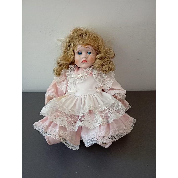 Vintage porseleinen pop roze jurk 25 cm