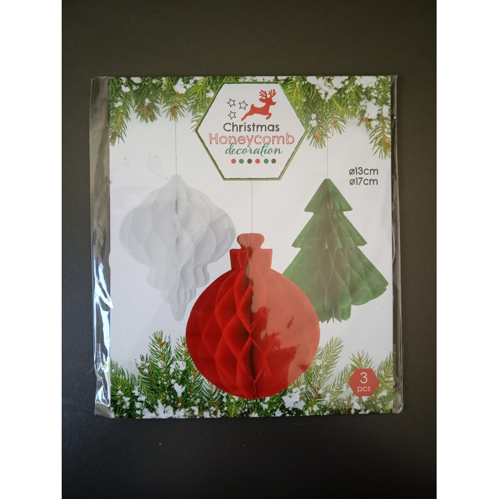 Kerstdecoratie honeycomb van papier 3 stuks
