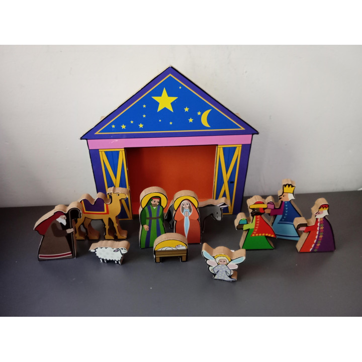 Houten kerststal met 11 figuren Ceba
