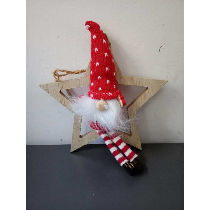 Houten kerstster met kerstkabouter 14,5 cm
