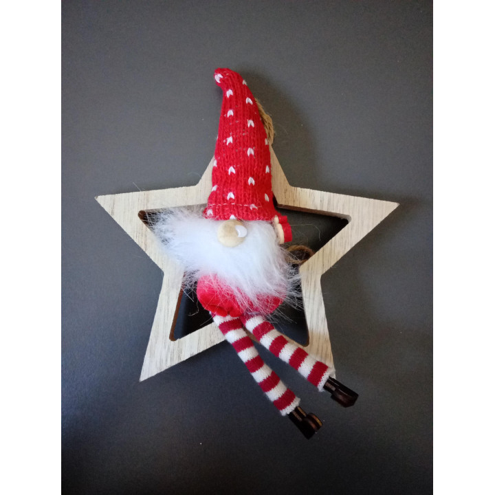 Houten kerstster met kerstkabouter 14,5 cm