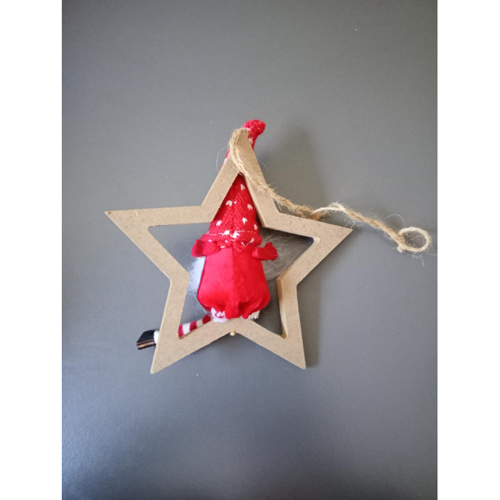Houten kerstster met kerstkabouter 14,5 cm