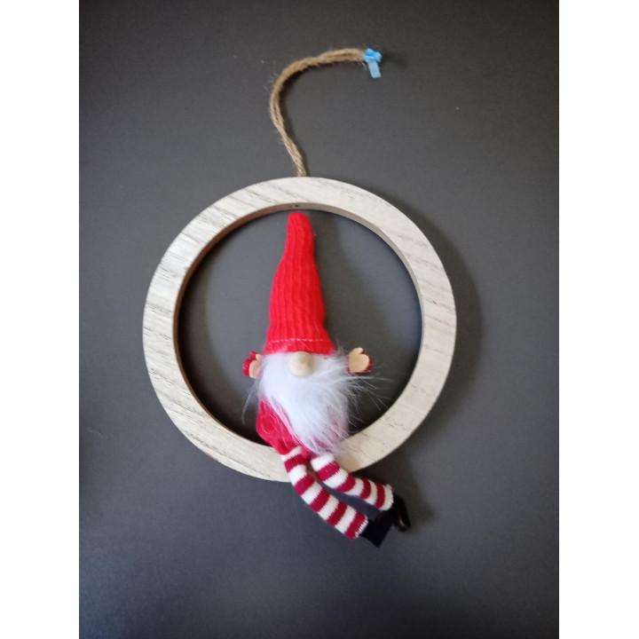 Houten kerstring met kerstkabouter 15 cm