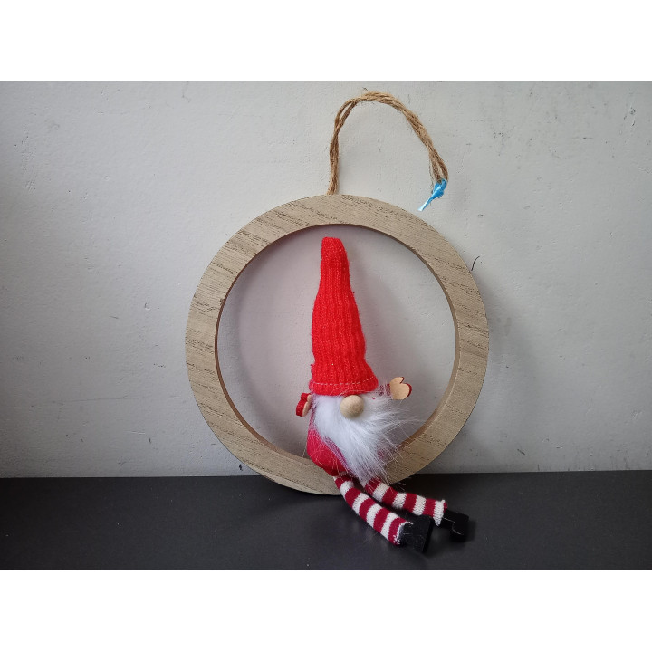 Houten kerstring met kerstkabouter 15 cm