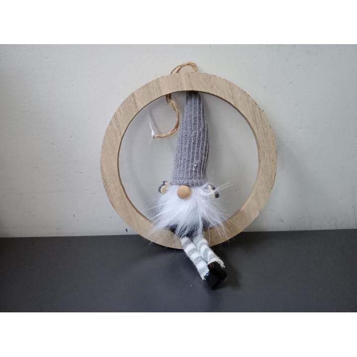 Houten kerstring met kerstkabouter 15 cm