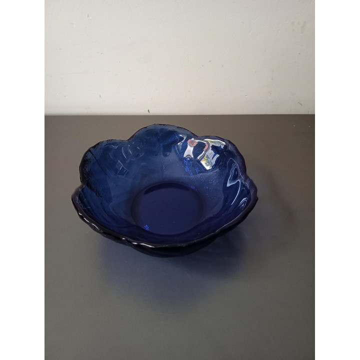 Blauw glazen schaaltje met golvende rand 12 cm
