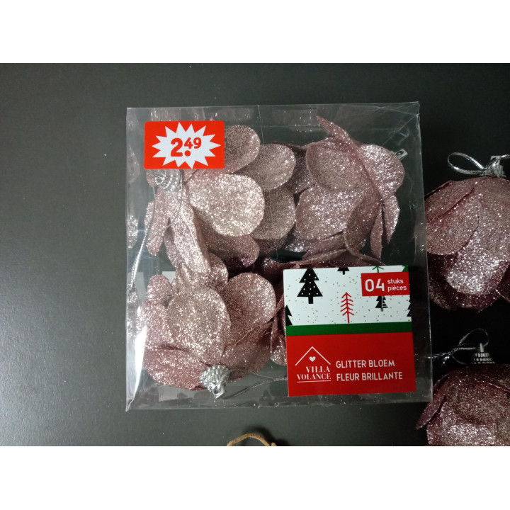 Set kerstdecoratie met 8 glitterbloemen en 2 zonhangers